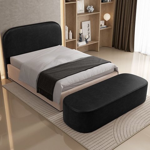 Cabeceira Cama Box Casal 140cm Lanna com Puff Recamier Doha W01 Couríssimo Preto - Lyam Decor