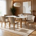 Ver imagem 1 de Conjunto Sala de Jantar 6 Lugares Retangular Tampo Vidro Base Madeira Maciça Mesa e Cadeiras Bella Marrom/Cinamomo/Off White/Bege
