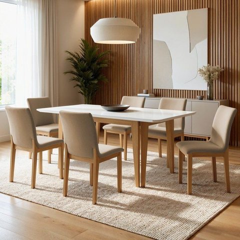 Conjunto Sala de Jantar 6 Lugares Retangular Tampo Vidro Base Madeira Maciça Mesa e Cadeiras Bella