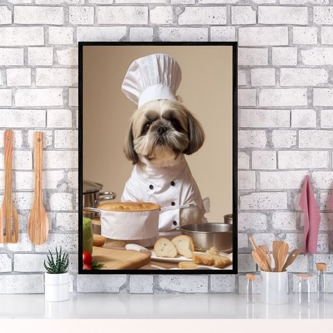 Quadro para Cozinha Cão Shih Tzu 33x24cm - com Vidro:madeira Preta