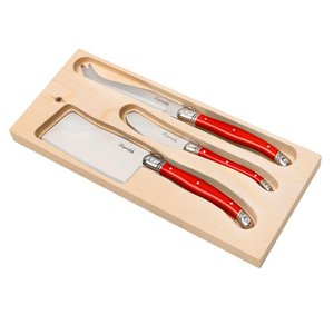 Conjunto de 3 Facas para Queijo Laguiole La Tour Luxo com Bandeja de Madeira- Vermelho