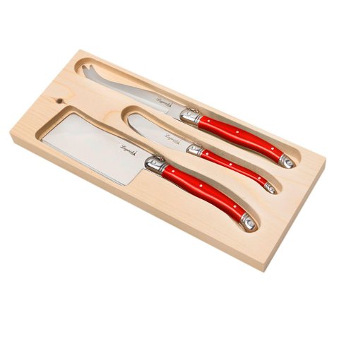 Conjunto de 3 Facas para Queijo Laguiole La Tour Luxo com Bandeja de Madeira- Vermelho