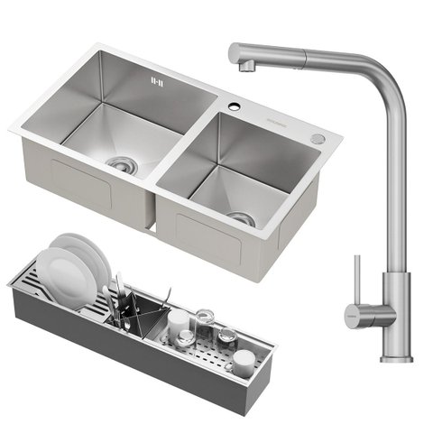 Kit Cuba Dupla Nápoles Aço Inox 304 Calha Oragnizadora Aço Inox e Torneira Toronto Aço Inox Goldenx