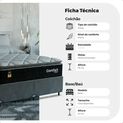 Ver imagem 3 de Cama Box Casal Bipartido + Colchão Comfort Class Pillow Top Preto/suede Cinza