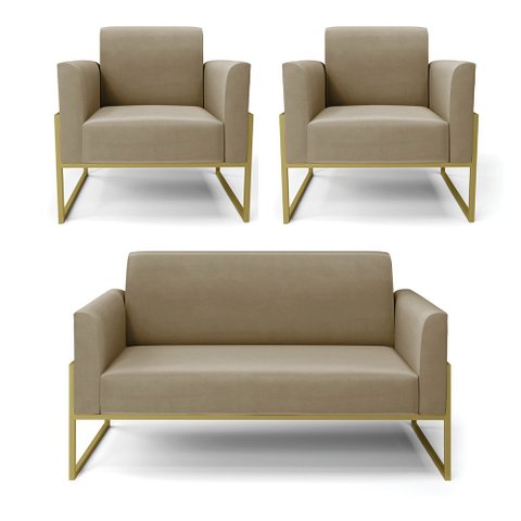Sofá Namoradeira com 2 Poltronas Base Industrial Alta Dourado Marisa Suede D03 - D’Rossi Marr