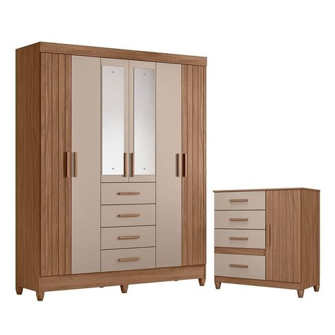 Guarda Roupa Solteiro Aruba com Espelho e Cômoda Vênus com Pés Carvalho Fendi – Moval