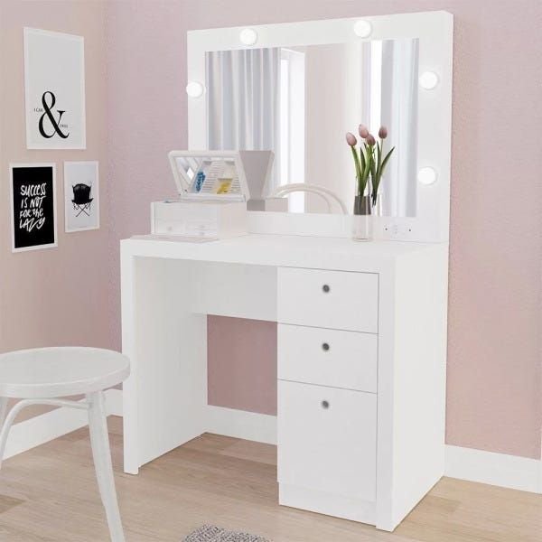 Penteadeira Camarim Compacta 3 Gavetas com Espelho Pe2010 Tecno Mobili - Branco Menor preço em Penteadeira Camarim Compacta 3 Gavetas com Espelho Pe2010 Tecno Mobili - Branco
