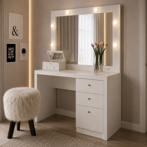 Penteadeira Camarim com Espelho e LED 3 Gavetas PE2010 90cm Branco - Tecnomobili