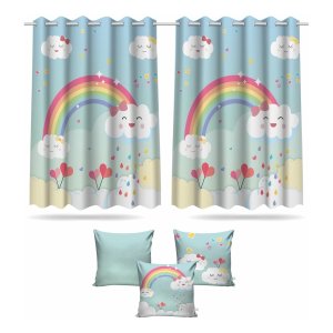 Kit Cortina + 3 Capas Almofadas Infantil Chuva De Amor