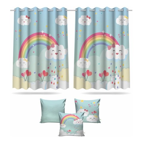 Kit Cortina + 3 Capas Almofadas Infantil Chuva De Amor
