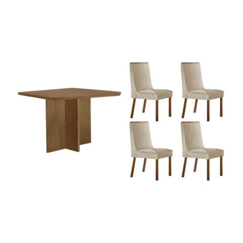 Conjunto: Mesa Sala Jantar Berlim Curvo 90cm + 4 Cadeiras Dakota Naturale - Suede Creme - Rufato