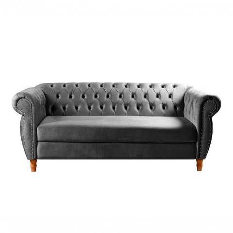 Sofá Nobreza 3 Lugares Fixo 203cm Cinza Veludo Bella Decor Clássico