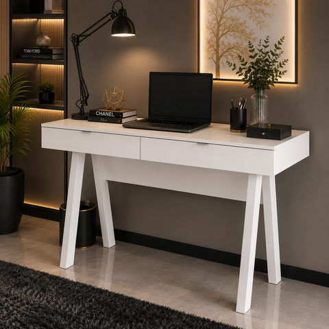 Mesa para Escritório com Pés Retrô 2 Gavetas ME4128 Branco - Tecno Mobili