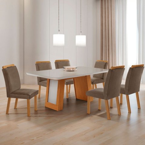 Mesa de Jantar Carolina Tampo 180cm MDF Vidro Canto Copo e 6 Cadeiras Athenas