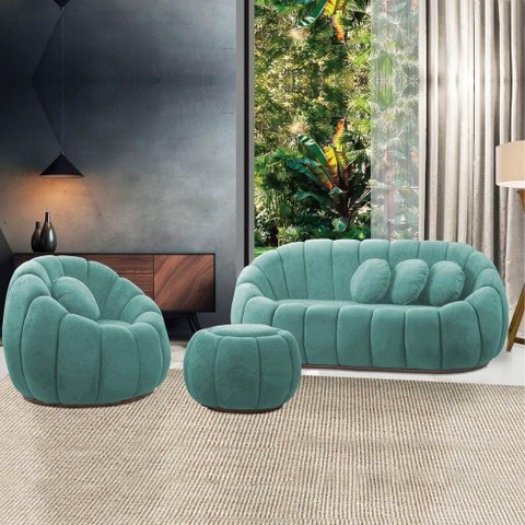 Sofá 2 Lugares com Puff e Poltrona Orgânica Fixa Cloud Bouclê E03 - D'Rossi Cor Azul Turquesa