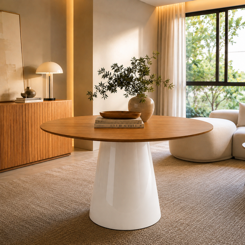 Mesa de Jantar Redonda 120cm Freijó - Base Cone Branco
