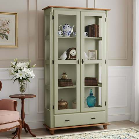 Cristaleira de Madeira Maciça 2 Portas 1 Gaveta e Pés Torneados - Verde Chá com Tampo e Base Imbuia