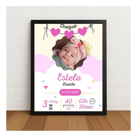 Quadro Personalizado Nascimento Bebê  33x24cm c/Vidro
