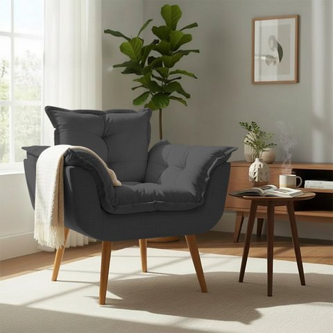 Poltrona Decorativa Alice para Sala Recepção Manicure Clínica Sala de Espera Linho Cinza Luxo