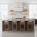 Ver imagem 1 de Kit 4 Banquetas Madeira Mel Bandada com Encosto Palha Rattan:Mel com Linho Chumbo