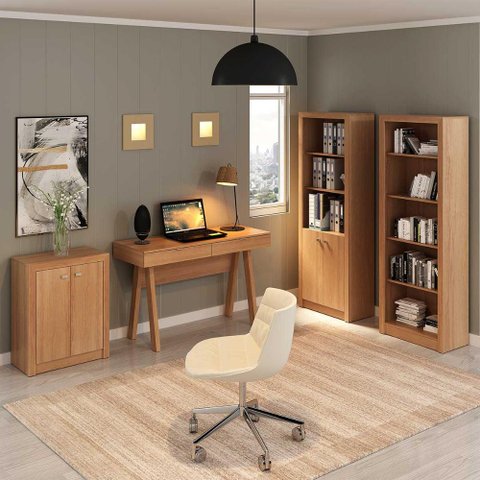 Kit para Escritório com Mesa Escrivaninha Estantes e Balcão Cor:amêndoa