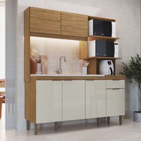 Cozinha Compacta 6 Portas e 1 Gaveta Bege/Marromle/Cristalo