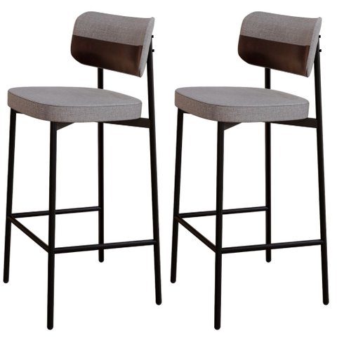 Kit 02 Banquetas Alta Bar Cozinha Sala de Jantar Aço Preto Kaira C01 Linho Cinza Courino Café - Lyam