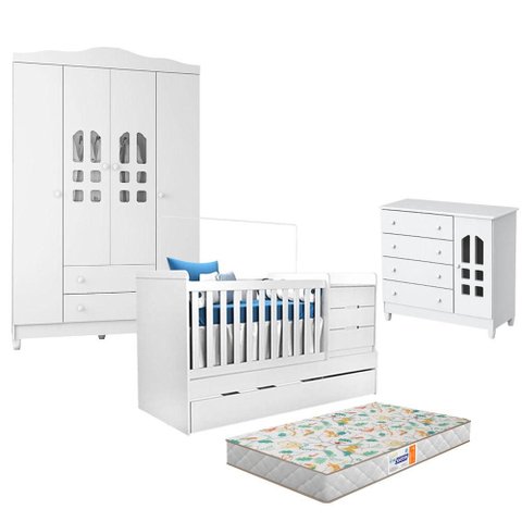 Quarto de Bebê Selena 4 Portas com Berço Americano Multifuncional Cleo Branco com Colchão Gazin - Ca