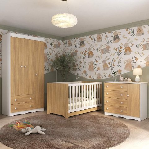 Quarto de Bebê Completo com Berço Americano 3 em 1 Realeza Multimóveis Mp4591 Branco/madeirado