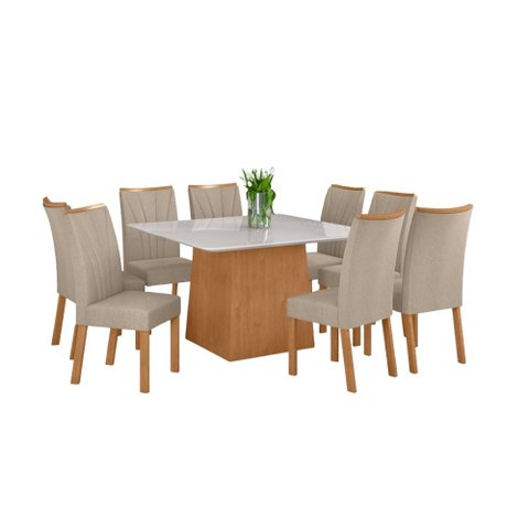 Conjunto Sala de Jantar Mesa Nevada 130 Tampo Vidro Off White com 8 Cadeiras Apogeu - Lopas Amendoa 