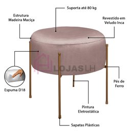 Puff Decorativo Redondo Pés de Ferro Dublin Inca Rosê - LH Móveis - 5