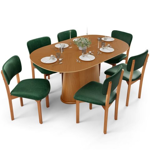 Mesa para Sala de Jantar Valência com 06 Cadeiras Sala de Jantar Dara L02 Couríssimo Verde Musgo - L