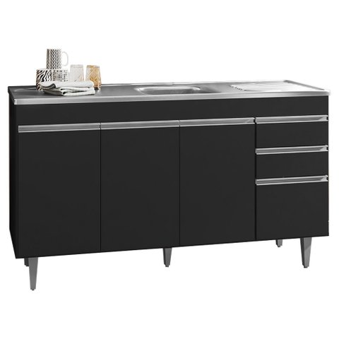 Balcão Gabinete com Pia Inox 150cm 3 Portas 3 Gavetas Andréia Preto Total - AJL Móveis