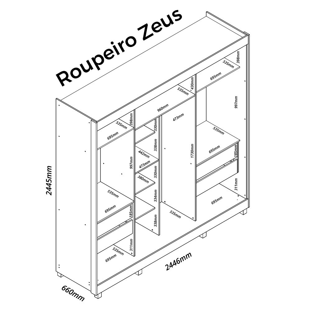 Guarda Roupa com Espelho 2 Portas Zeus Branco - Gelius - 3