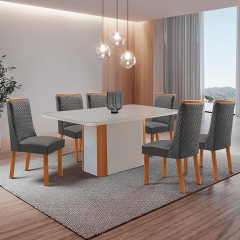Mesa de Jantar Isadora 180cm Tampo MDF Vidro Canto Copo com 6 Cadeiras Carolina