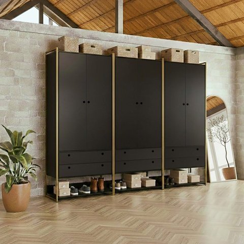 Guarda Roupa Closet Modulado Casal 6 Gavetas 3 Cabideiros Estrutura Metalica 250cm Olivar Preto/Ac