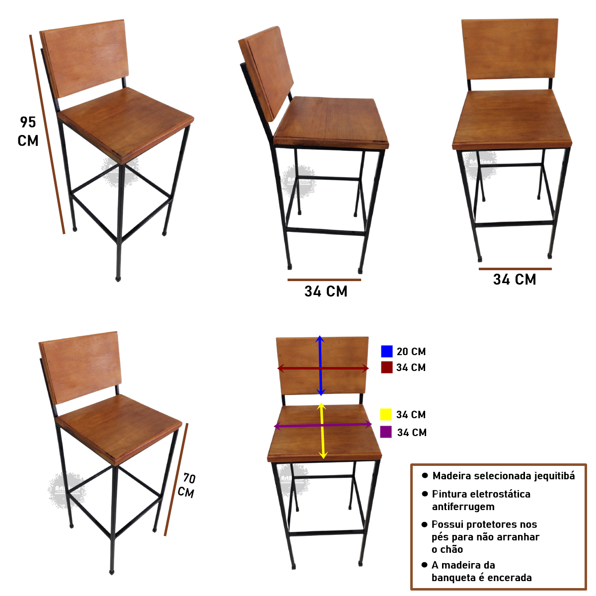 Cadeira alta quadrada reforçada bancada ferro madeira artesanato mineiro - 2