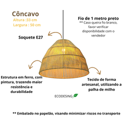 Pendente Luminária Teto Côncavo Palha de Milho 35x50 + Fio - 4
