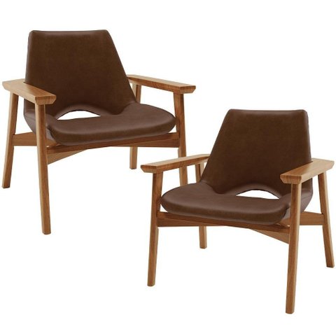 Kit 02 Poltronas Decorativa para Sala de Estar Living Base Madeira Becker L02 Couríssimo Marrom -