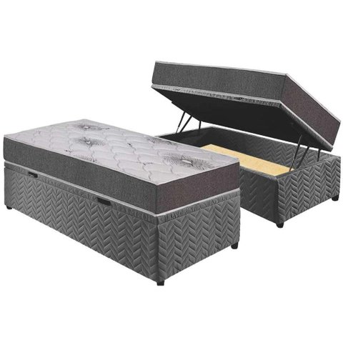 Cama Box Baú Solteiro: Colchão Espuma D33 Polar Pérola Premium + Base CRC Suede Gray(88x188)