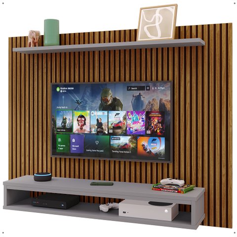 Painel Suspenso Prateleira Superior Nicho Tv 48 Polegadas Sala Estar Quarto - Ripado Freijó/cinza