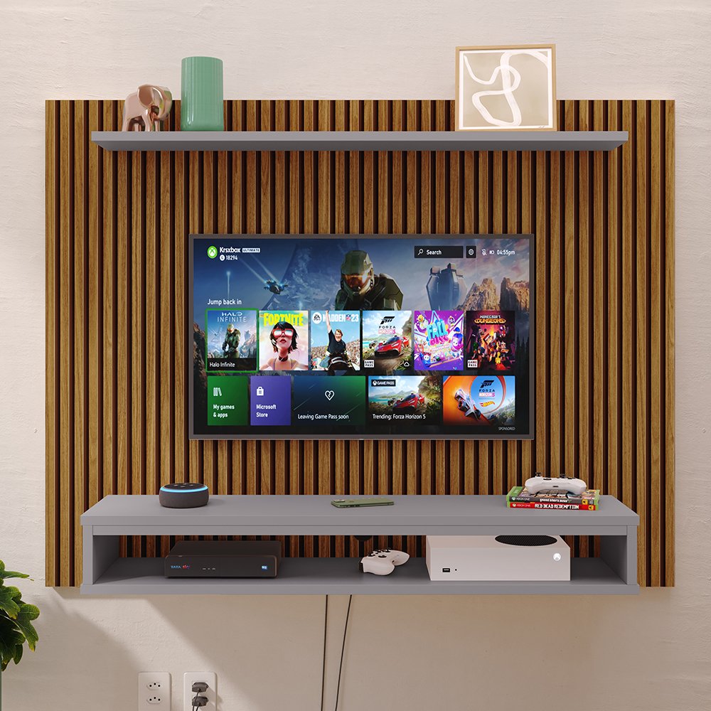 Painel Suspenso Prateleira Superior Nicho Tv 48 Polegadas Sala Estar Quarto - Ripado Freijó/cinza - 2