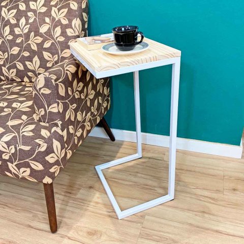 Mesa Lateral de Apoio para Sofá Style Industrial de Ferro e Madeira Natural e Branco