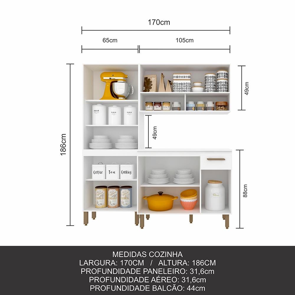 Armário de Cozinha Tieli 3 Peças Branco - Móveis Arapongas Branco - 3