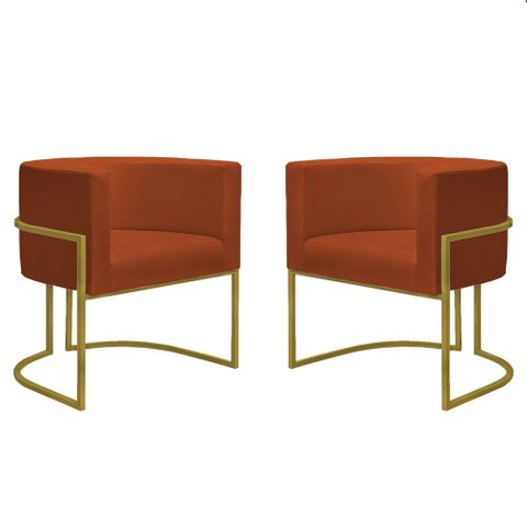 Kit 2 Poltronas Reforçada Decorativa Sala Nayara Base Ferro Dourado Suede Terracota