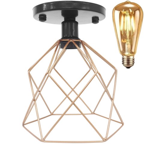 Lustre Teto Plafon + Lâmpada Led Industrial Aramado Cálice Cobre Rose Gold Retrô Luminária