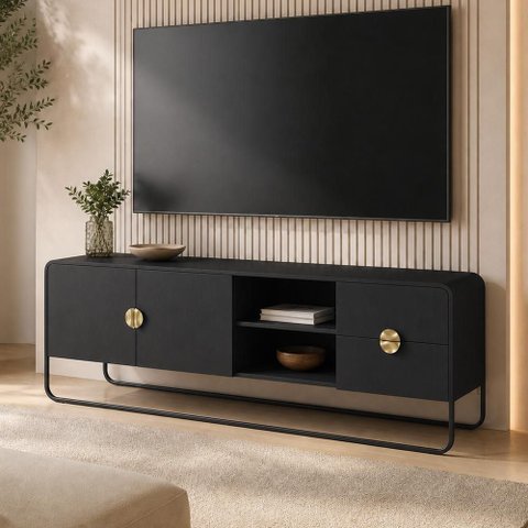 Rack para Sala de Estar TV 65 pol Industrial Orgânico Alek A03 Nero Preto - Lyam Decor