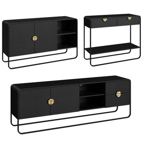 Conjunto Sala de Estar Rack Buffet Aparador Estilo Orgânico Nero/preto