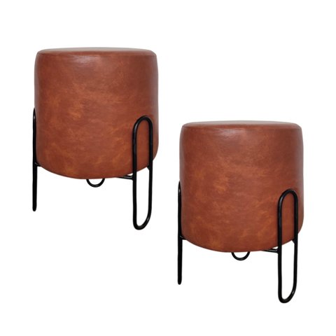 Kit 2 Puff Banqueta Redondo Ferro Couro Sintético Sala Quart:whisk