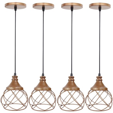 4 Pendentes Aramado Esfera Balonê Cobre Rose Gold Lustre Luminária Teto Regulável Sala Cozinha